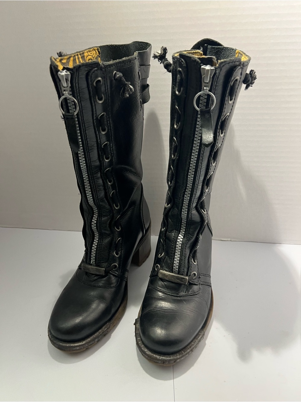 Fly London Black Leather Mid-Calf Zip & Lace Boots with Yellow Lining Peek
